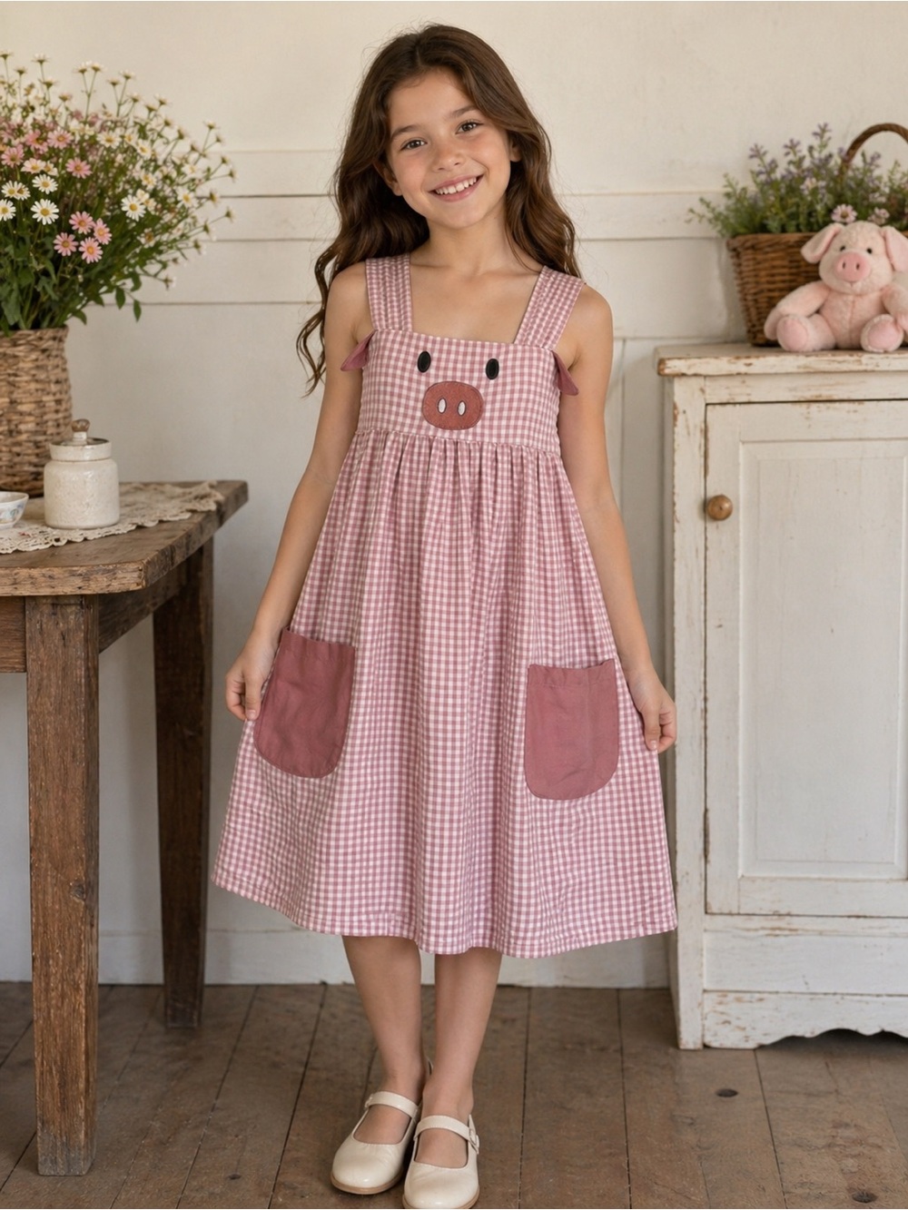 Lil Cactus Girls Pink Gingham Pig Pinafore Dress Size 6
